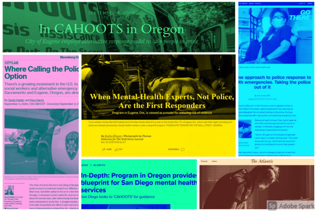 a colorful scattering of headlines of news articles feature CAHOOTS